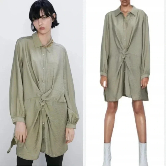 ZARA Knotted Lightweight Green Tunic Top Dress Size Medium - Picture 8 of 8